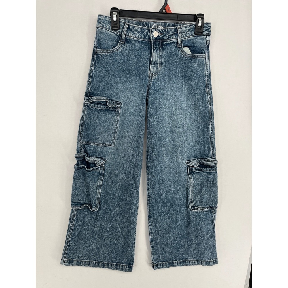 Art Class Girls Cargo Jeans Size 10 Medium Wash Wide Leg Utility Denim Pants